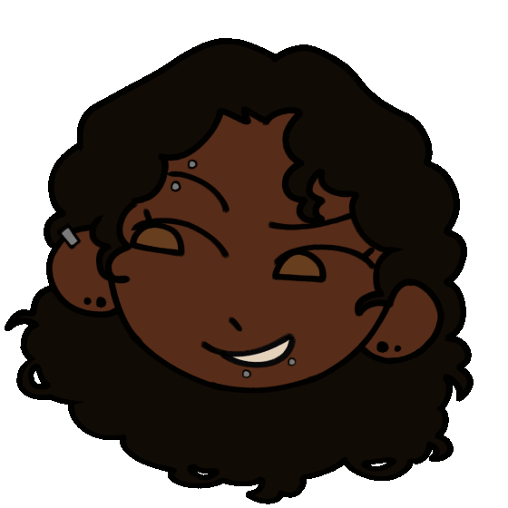 Gif de Romane. Desenhado digitalmente em um estilo simples. Ressalta suas características marcantes: cabelo volumoso, cacheado e solto, piercing na sobrancelha e snake bites e seu corriqueiro sorriso desafiador.