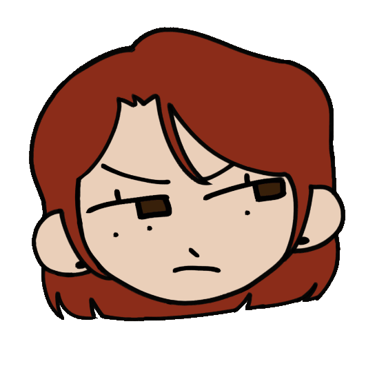 Gif de Miranda. Desenhado digitalmente em um estilo simples. Ressalta suas características marcantes: cabelo curto ruivo, rosto sério e fechado e as duas pintinhas de baixo do olho direito, seguidas de uma no esquerdo.